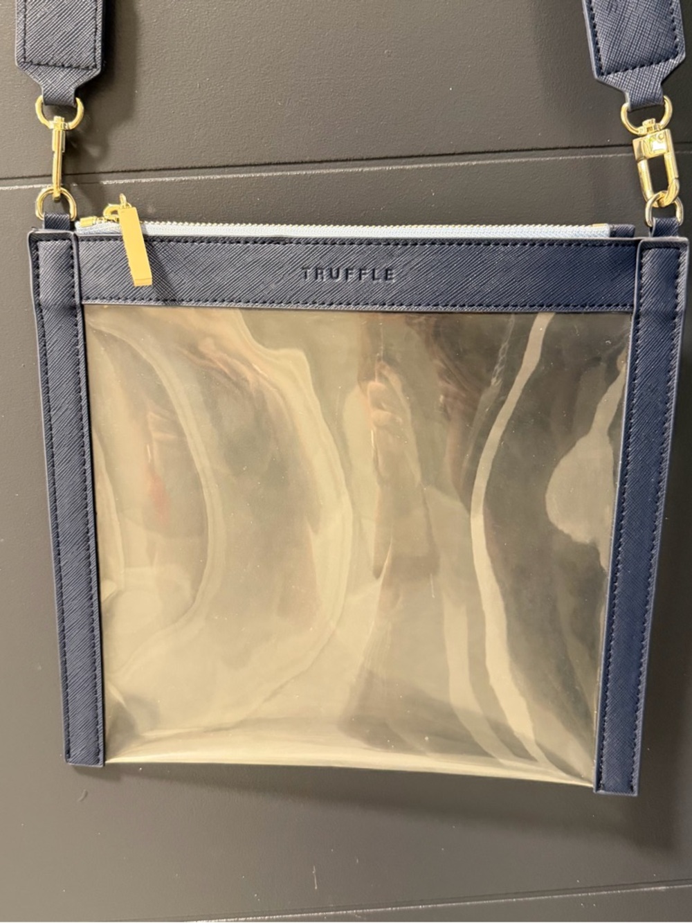 Truffle Navy Clear Crossbody Bag with Gold Accents